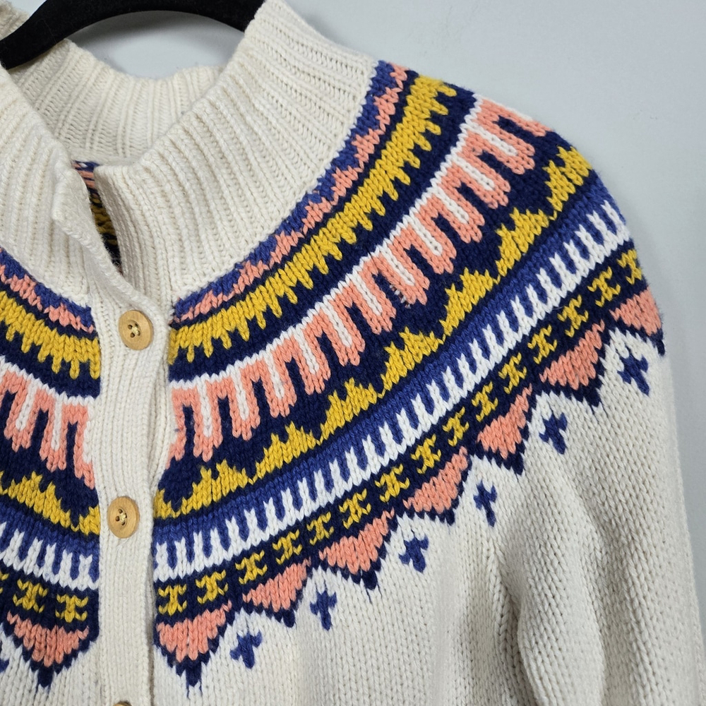 Lands End Canvas Womens Fair Isle Lambswool Cardigan Small Cream Preppy Heritage - Picture 3 of 7